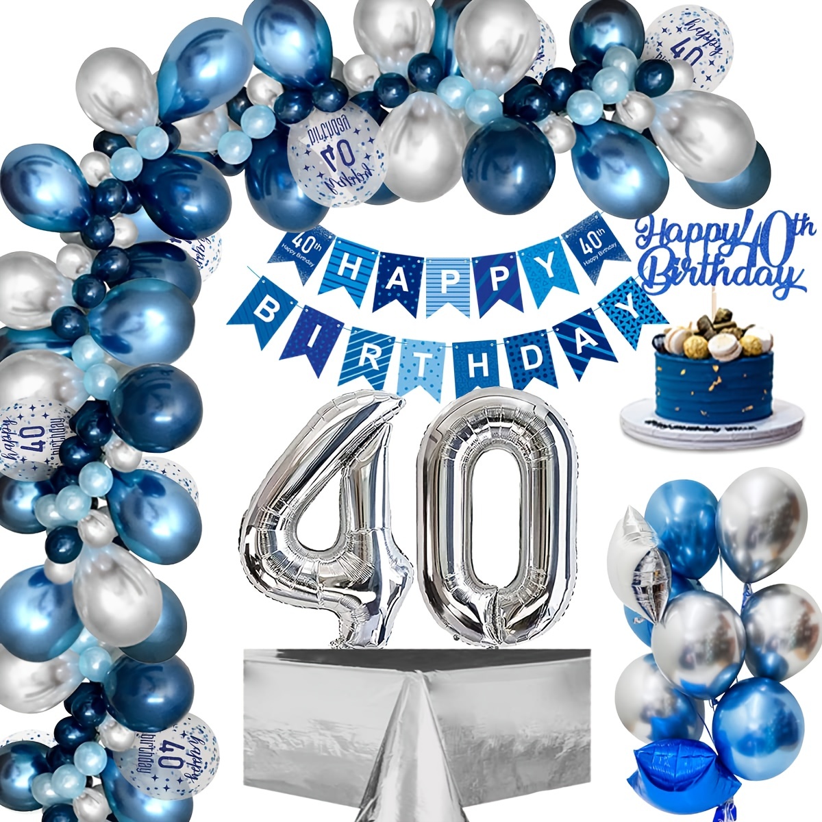 

40th Birthday Decoration, Balloons For 40th Birthday, Men With Blue/ Silvery Balloons, 40th Happy Set, Birthday Banner, Foil Balloon, 40th Confetti Balloon For Men And Women's Birthday Decorations