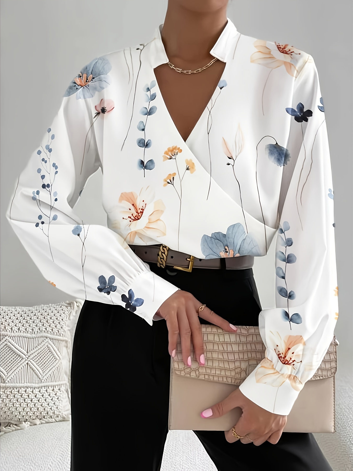Блузка з квітковим принтом та V-подібним вирізом, проста блуза з довгими рукавами, жіночий одяг