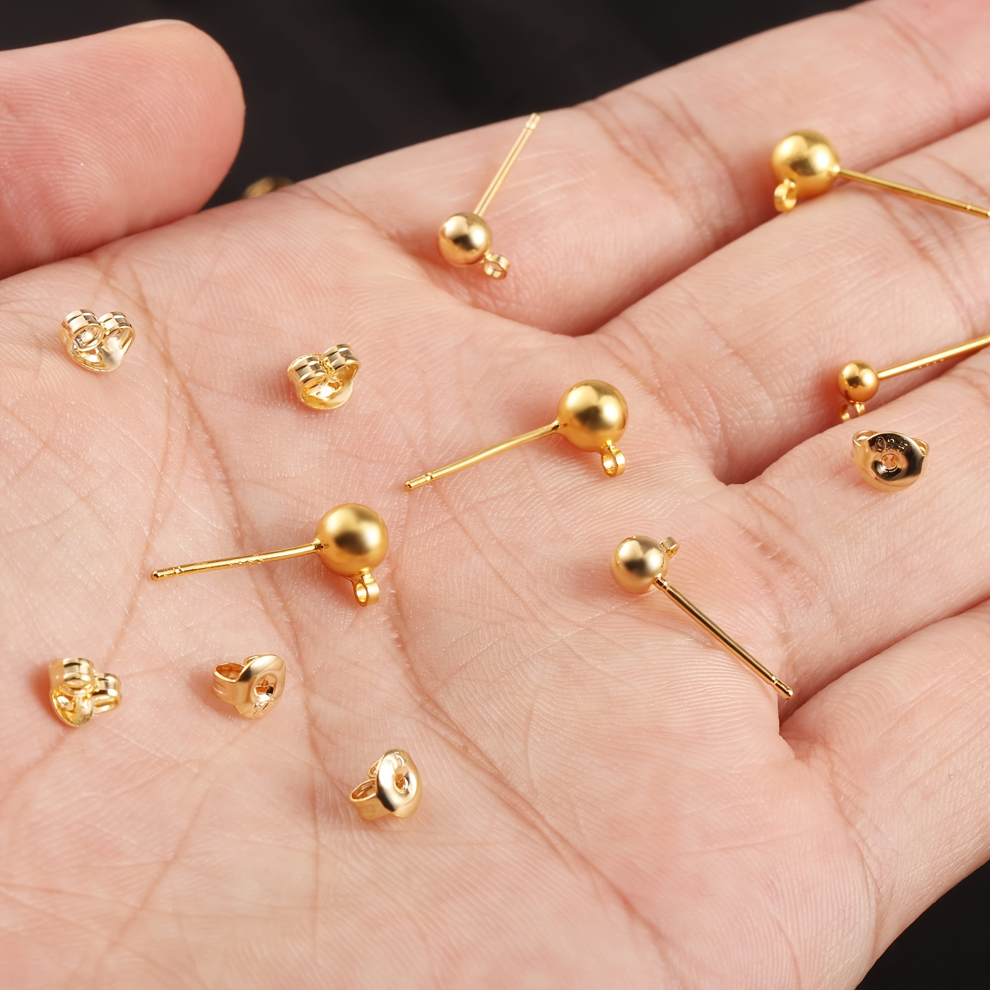 Beebeecraft 100PCS 24K Gold Plated Earring Studs Earring Posts Ball Stud  Earrings with Loop with 100Pcs Butterfly Ear Back for DIY Jewelry Dangle  Earring Making(15x7mm) 24K Ball Studs