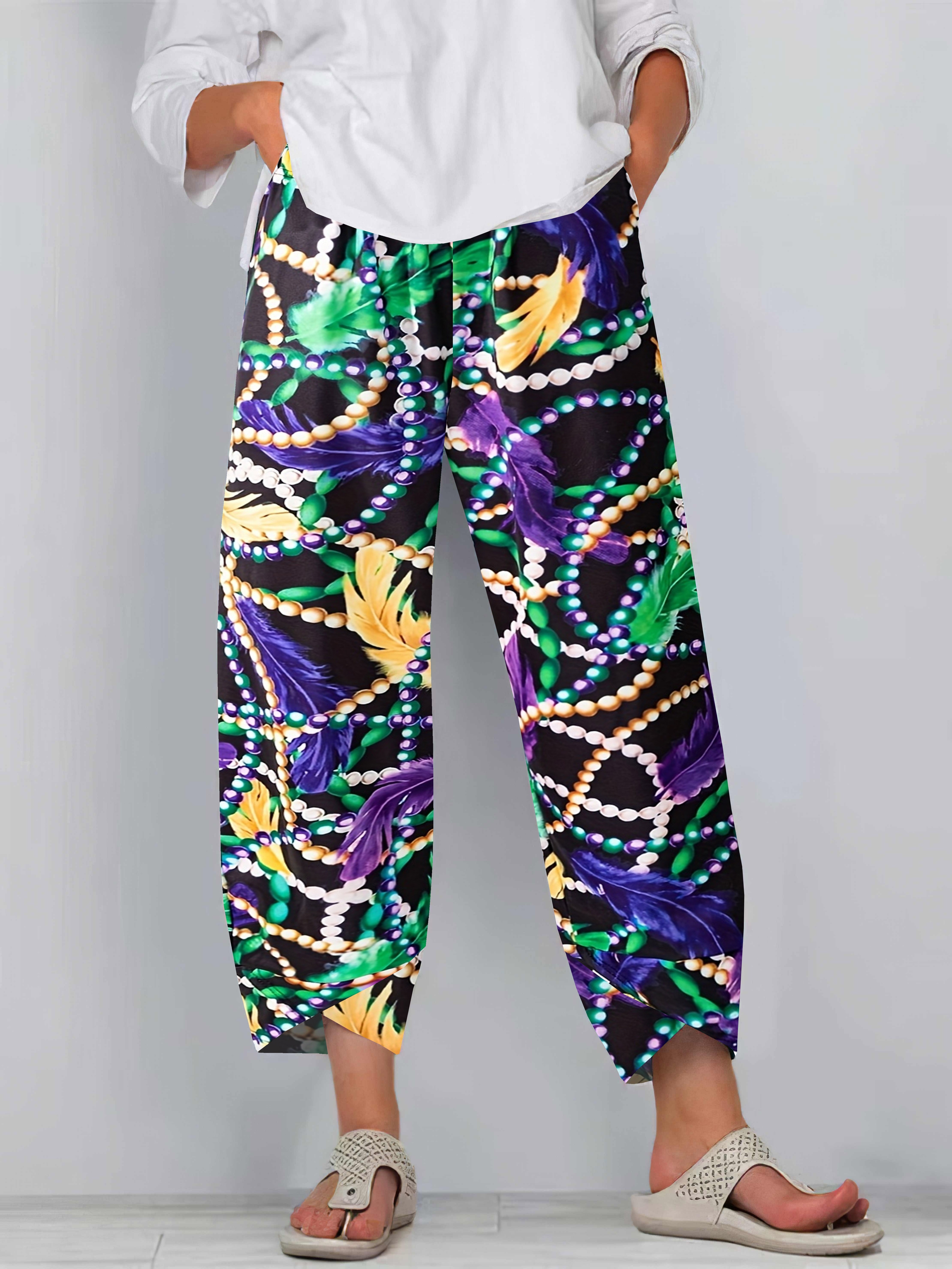 Hippie * Tribal Print Wide Leg Pants, Boho Elastic Waist Long Length Pants,  Women's Clothing