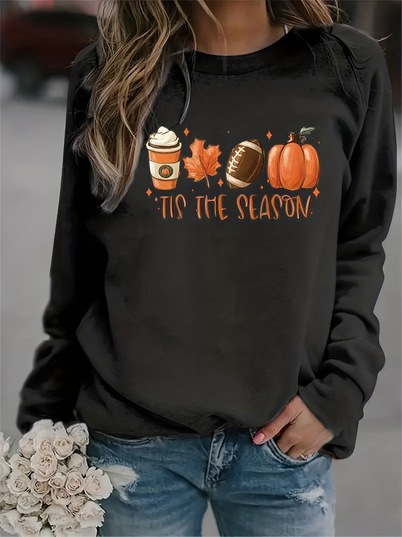 Pumpkin Season Print Sweatshirt Casual Long Sleeve Crew Neck - New