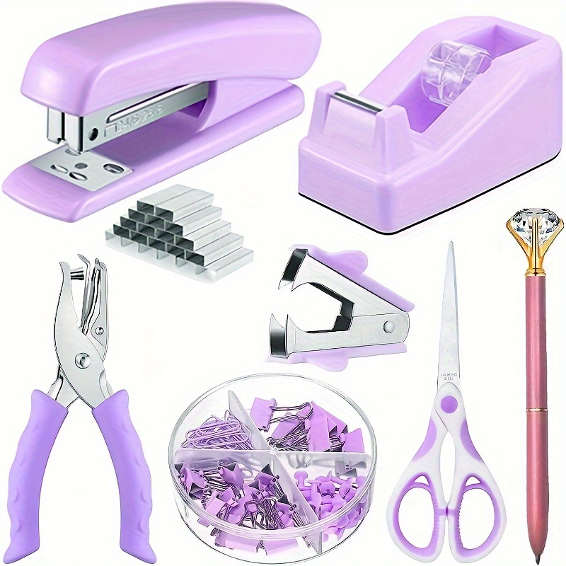 Purple Desk Accessory Office Supplies Kit For Women, Stapler Set, Purple  Desktop Stapler, Tape Dispenser, Staple Remover, Single Hole Punch, Scissor