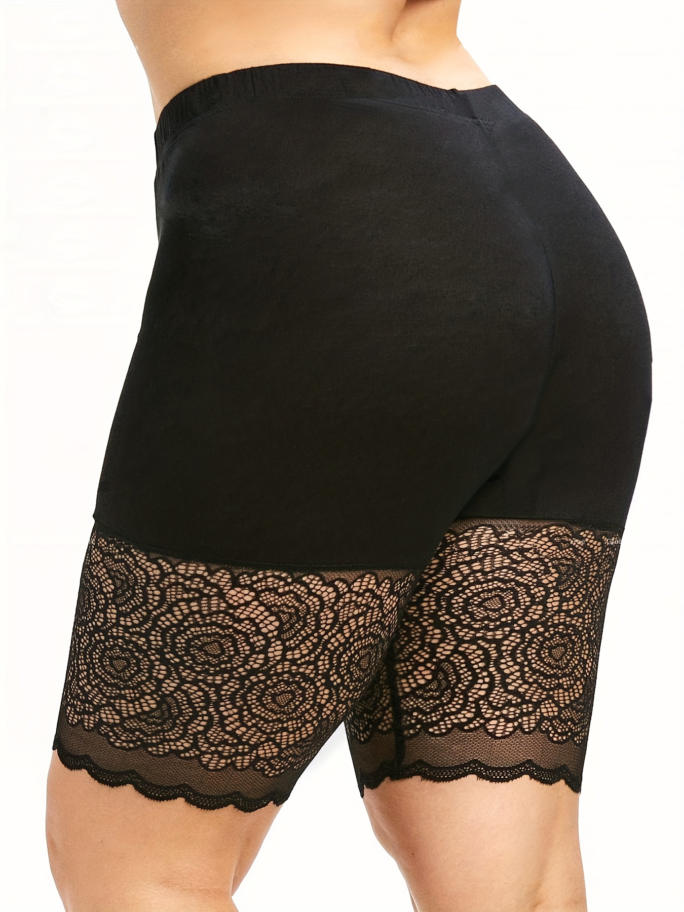 New Womens Black Stretchy Cycling Short, 3/4 Plain And Lace Trim