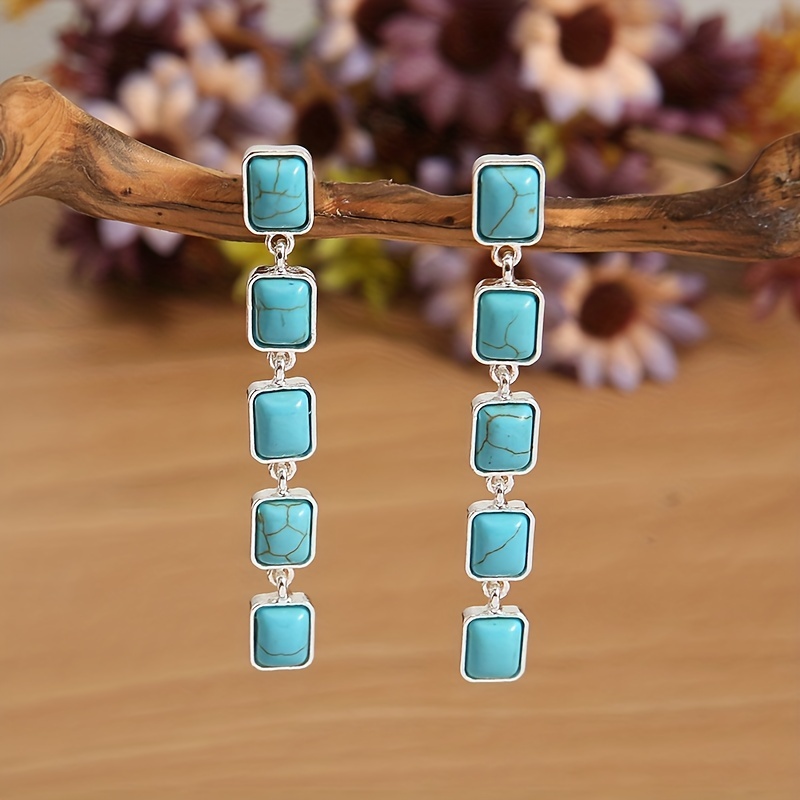 

Vintage Style Square Blue Turquoise Long Tassel Earrings Silver Plated Jewelry Gift