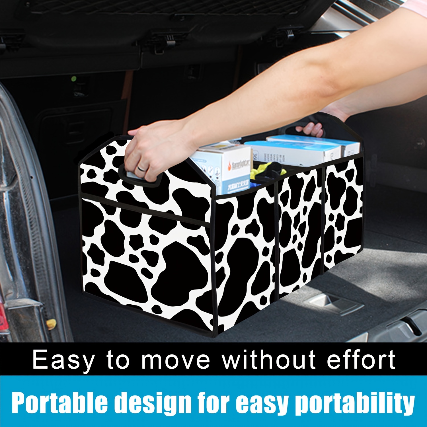 

Cow Print Large Capacity Waterproof Collapsible Trunk Organizer With Pockets, Polyester Fiber Car Boot Storage Bag For Suv/sedan, Random Pattern Placement