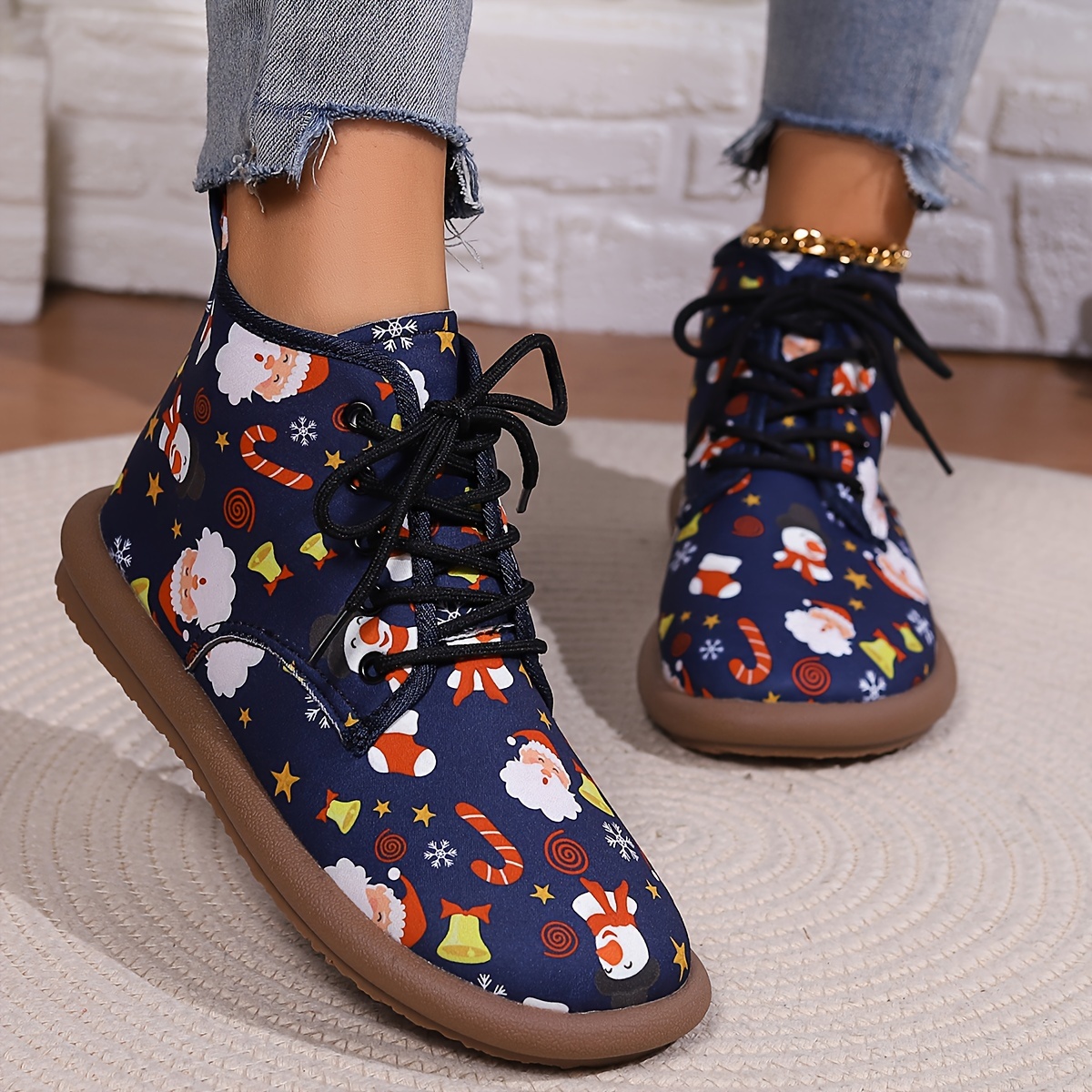 Christmas Lace-up Front Ankle Boots for Women