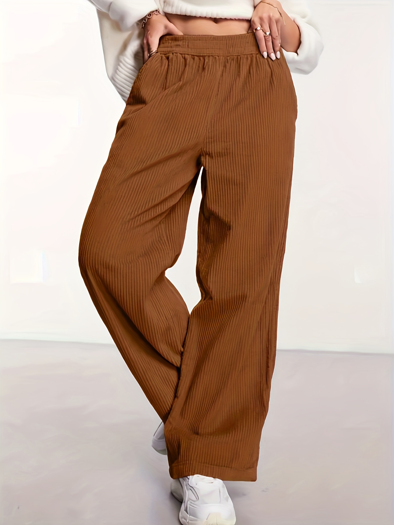 Pantalones Pana Sueltos Sólidos Elegantes Pantalones Largos - Temu