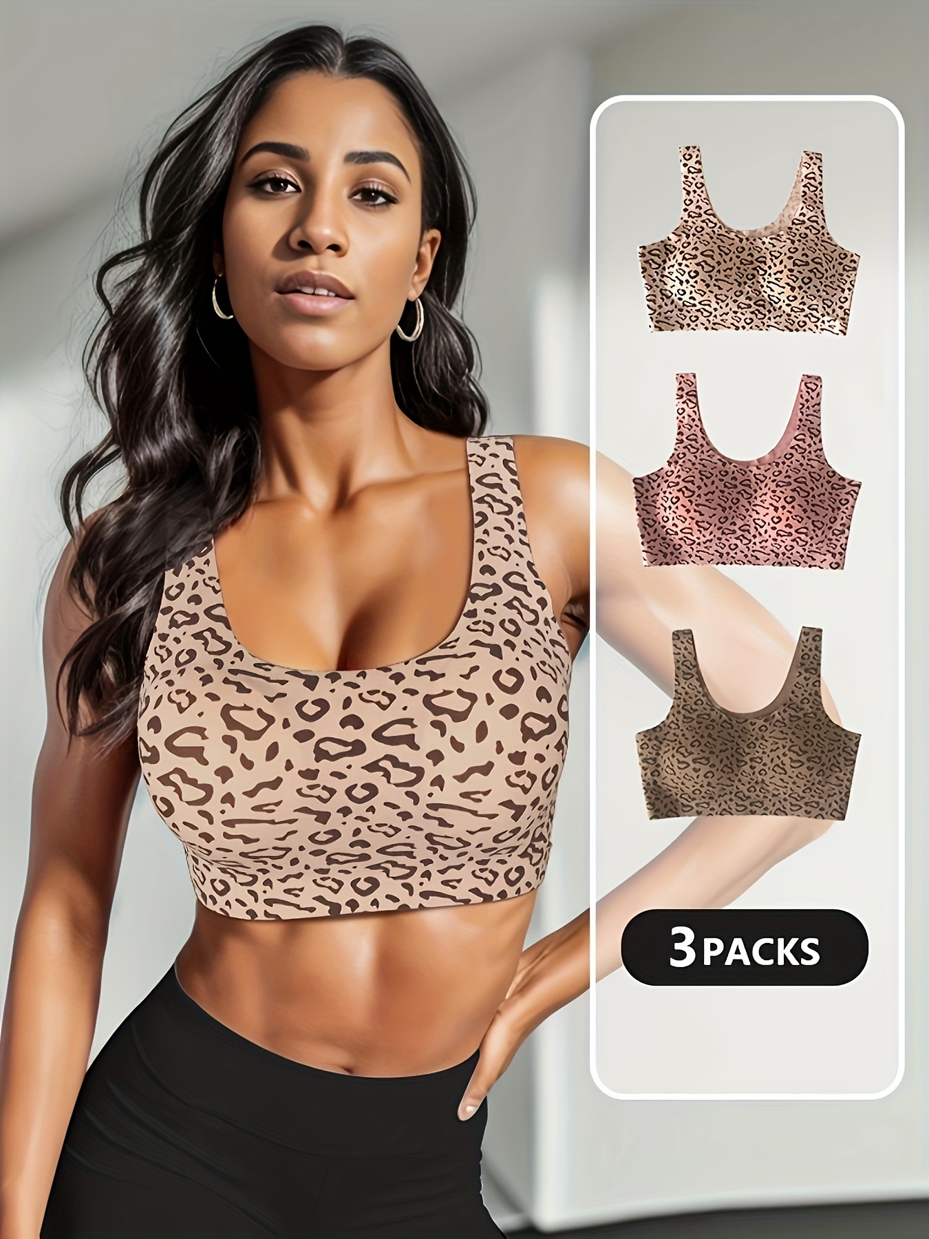 3pcs Leopard Wireless Bras, Comfy & Seamless Cut Out Bra, Women's Lingerie  & Underwear