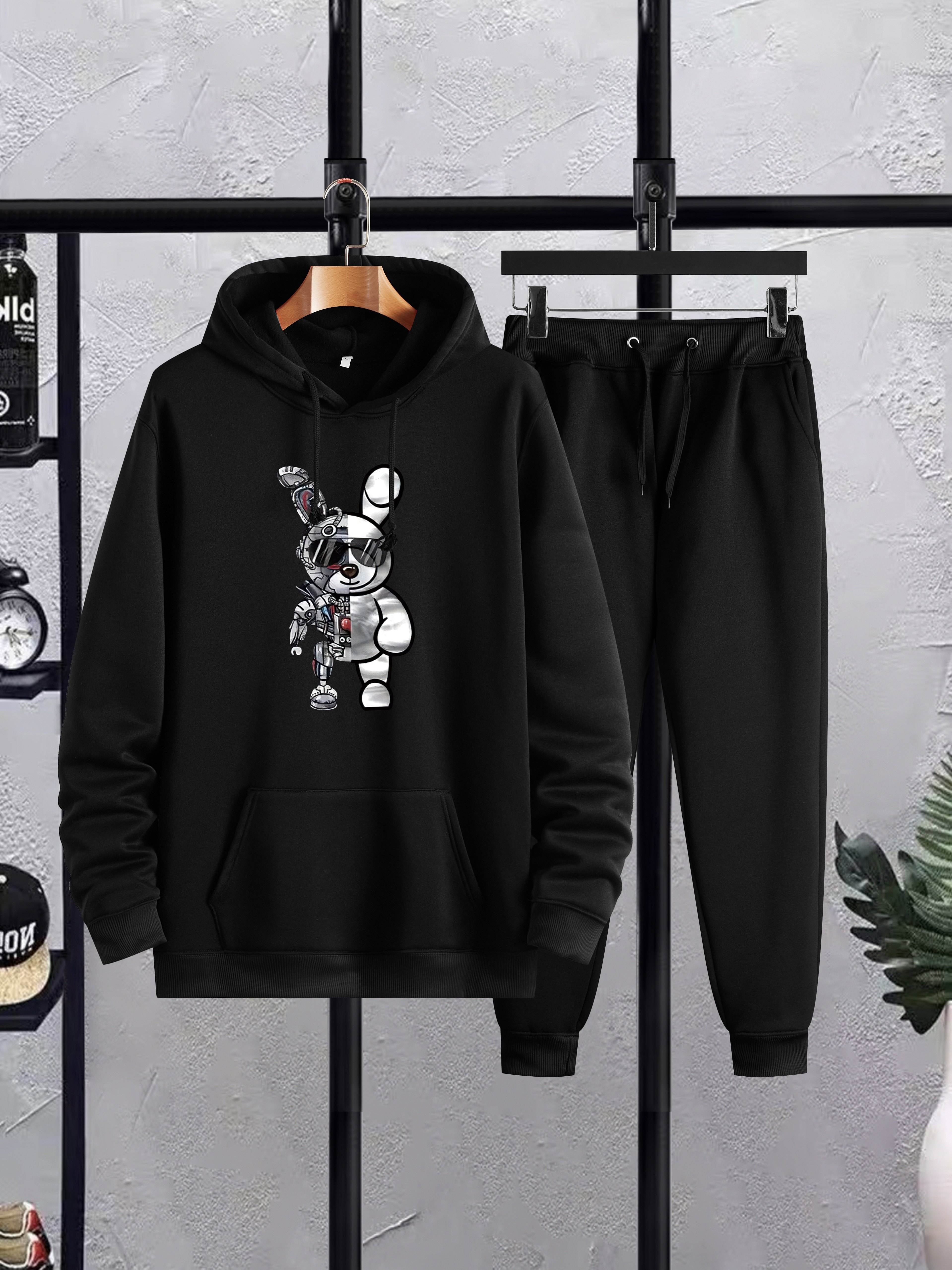 Rabbit Print, Men's Outfits, Casual Hoodies Long Sleeve Pullover