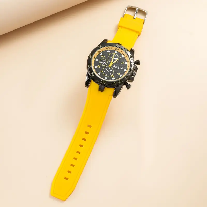 round analog dial yellow silicone strap quartz watch casual mens wristwatch trendy details 2
