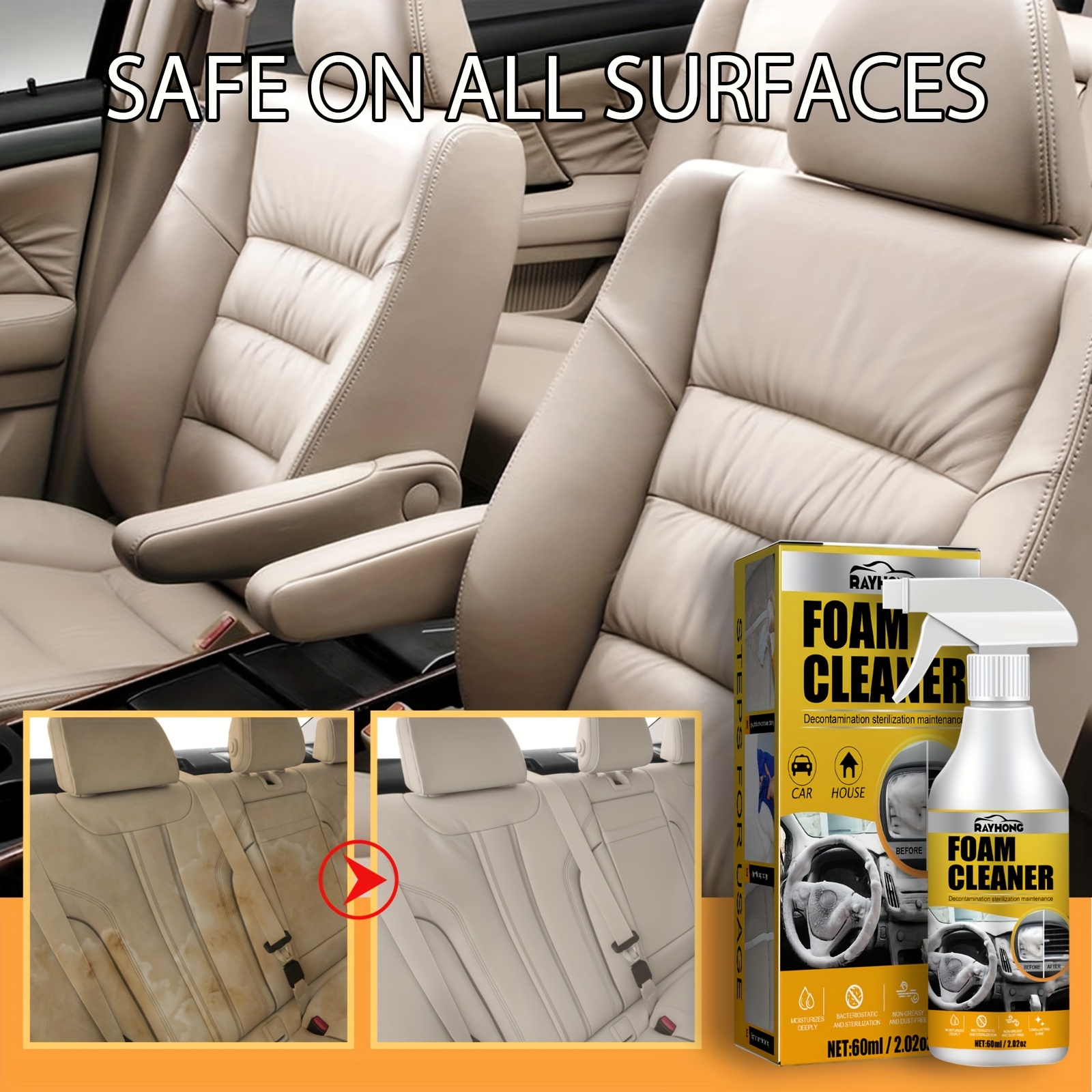 Car Interior Foam Cleaner With Sponge Wipe, All Around Foam Cleaner,multipurpose  Foam Cleaner,all-purpose Household Foam Cleaner For Car And Kitchen Stain  Remover - Temu Germany