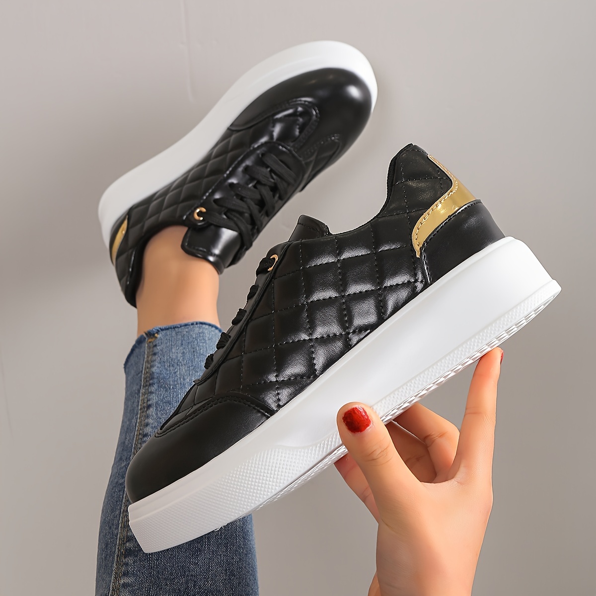 Lightweight Quilted Round Toe Casual Sneakers Black Lace Up - Temu