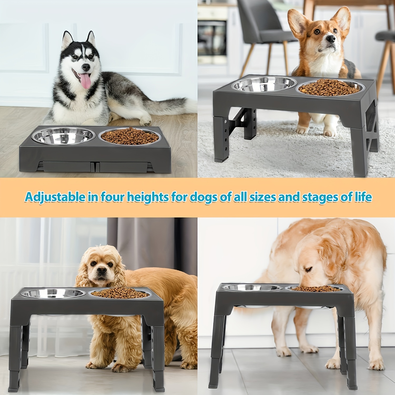 Elevated Dog Bowl Stand With 2 Stainless Steel Dog Food Bowls, Heights  Adjustable Raised Dog Feeder Bowls For Indoor Dogs