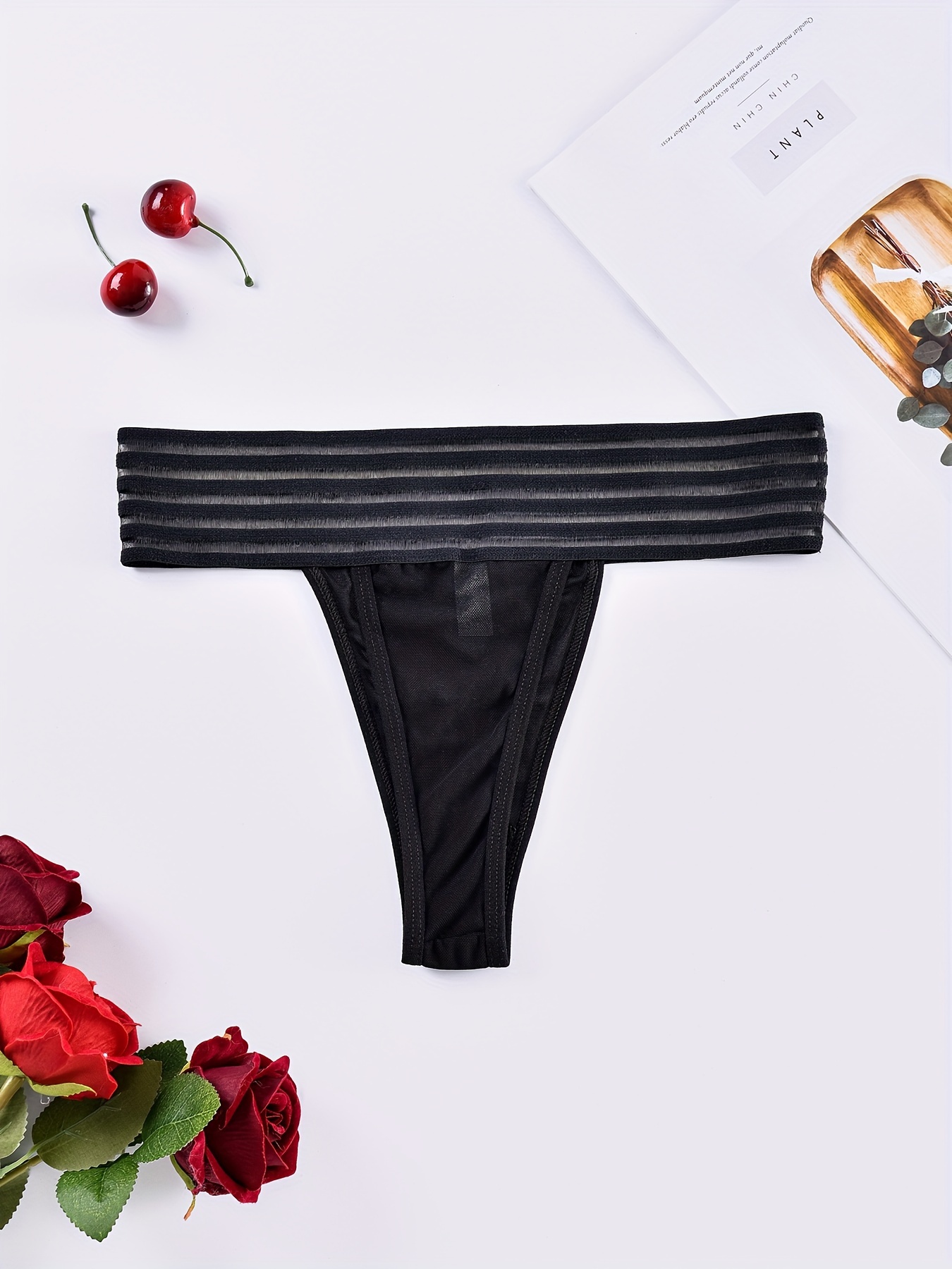 1 Pc Sexy Thongs, Comfy Mesh Contrast Plain Black Breathable Intimates  Panties, Women's Lingerie & Underwear