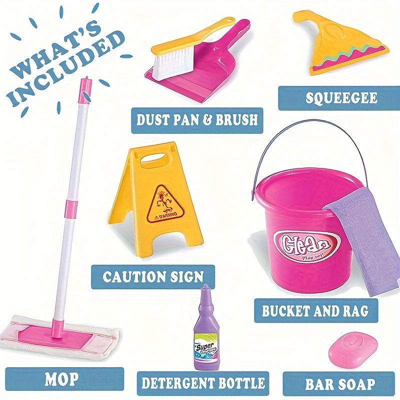 Kids Cleaning Set Toys Toddler Broom Baby Mop Dustpan Towing Bucket Soap  Playset 