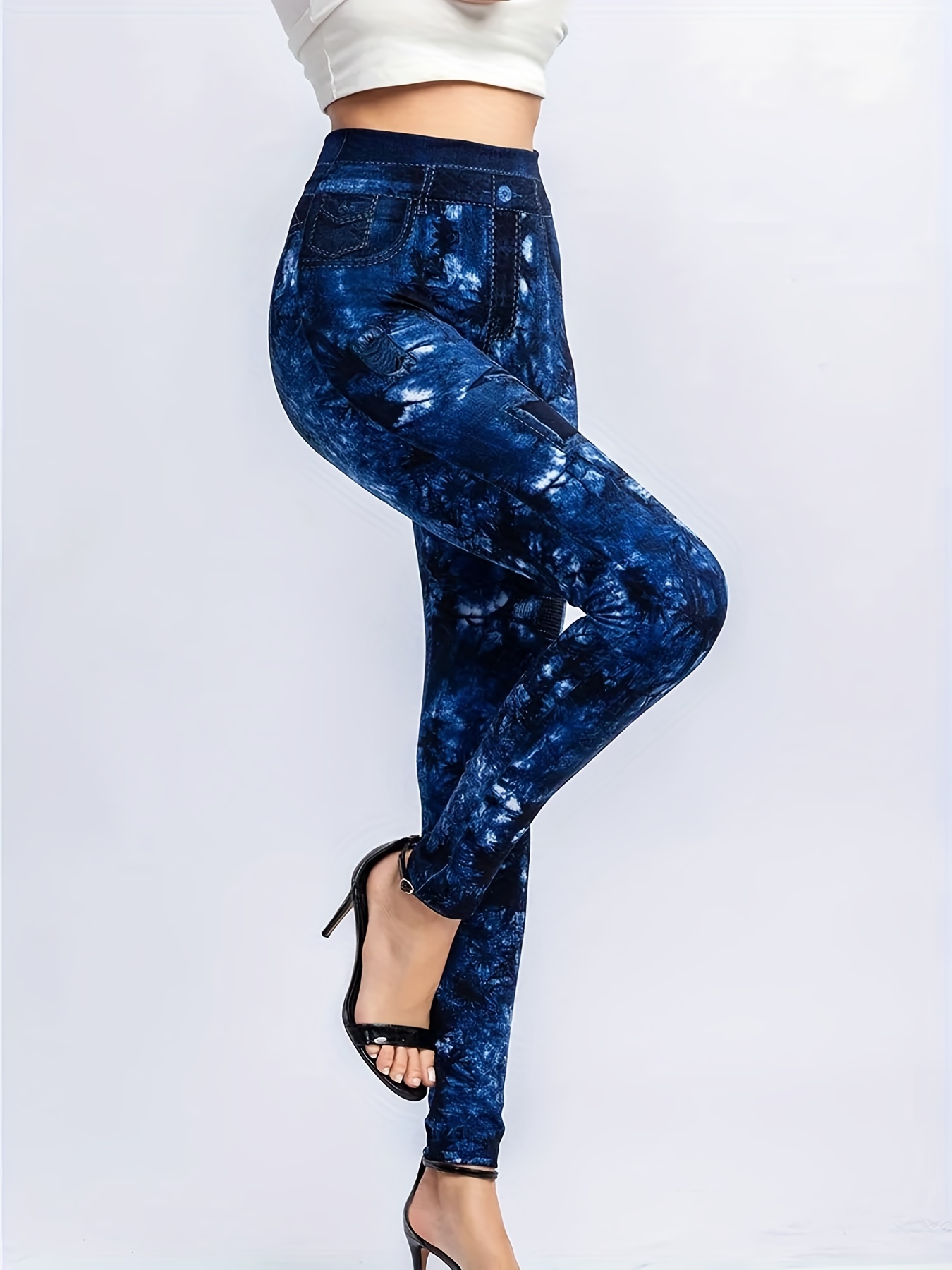 Printed Leggings for Women Workout Women's Denim Print Jeans Look Like  Leggings Sexy Stretchy High Waist Slim, Blue, Small : : Clothing,  Shoes & Accessories