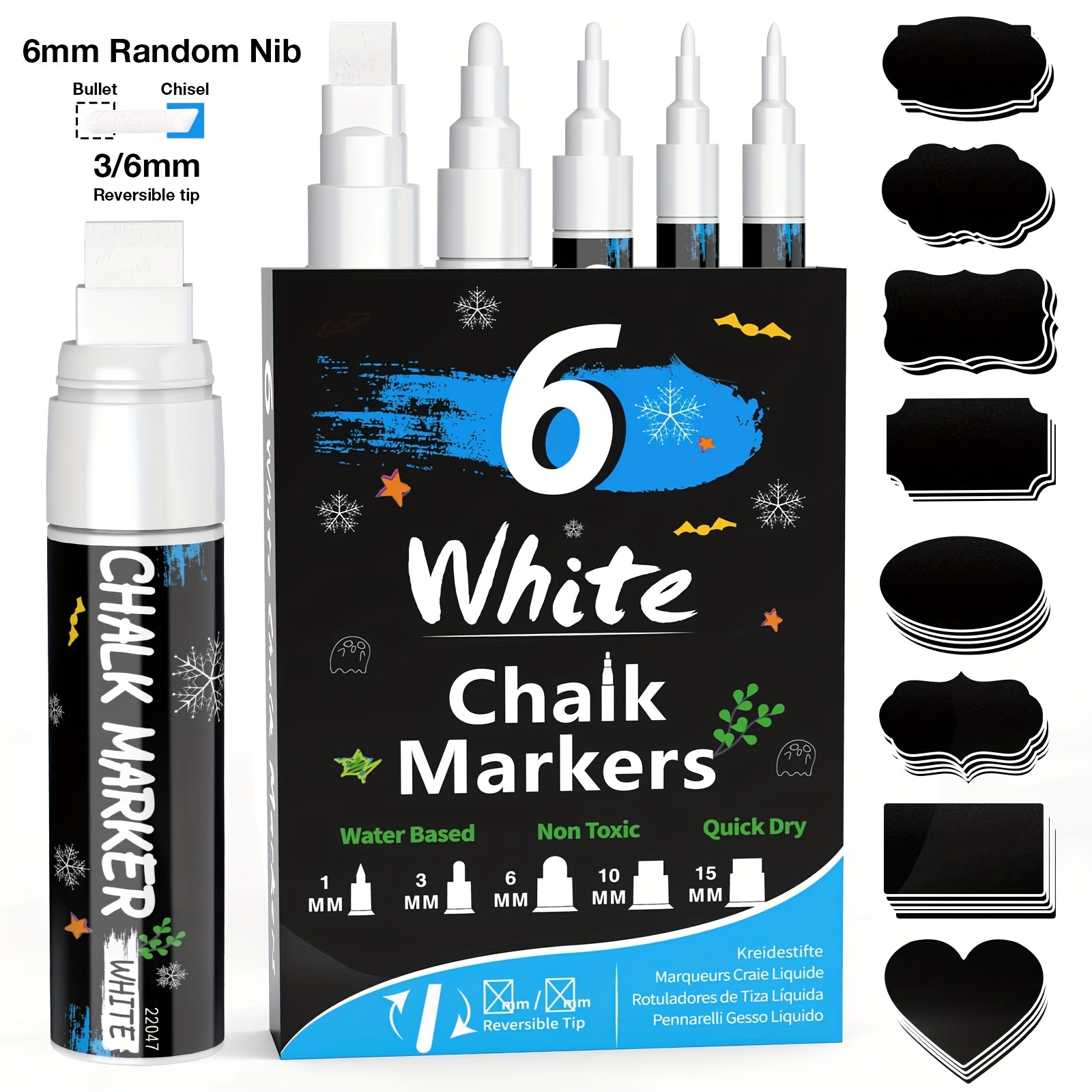 Black Chalk Markers - Liquid Dry Erase Marker Pens for Bistro, Chalkboards Signs, Windows, Blackboard, Glass - 6mm Reversible Tip (Pack of 5)