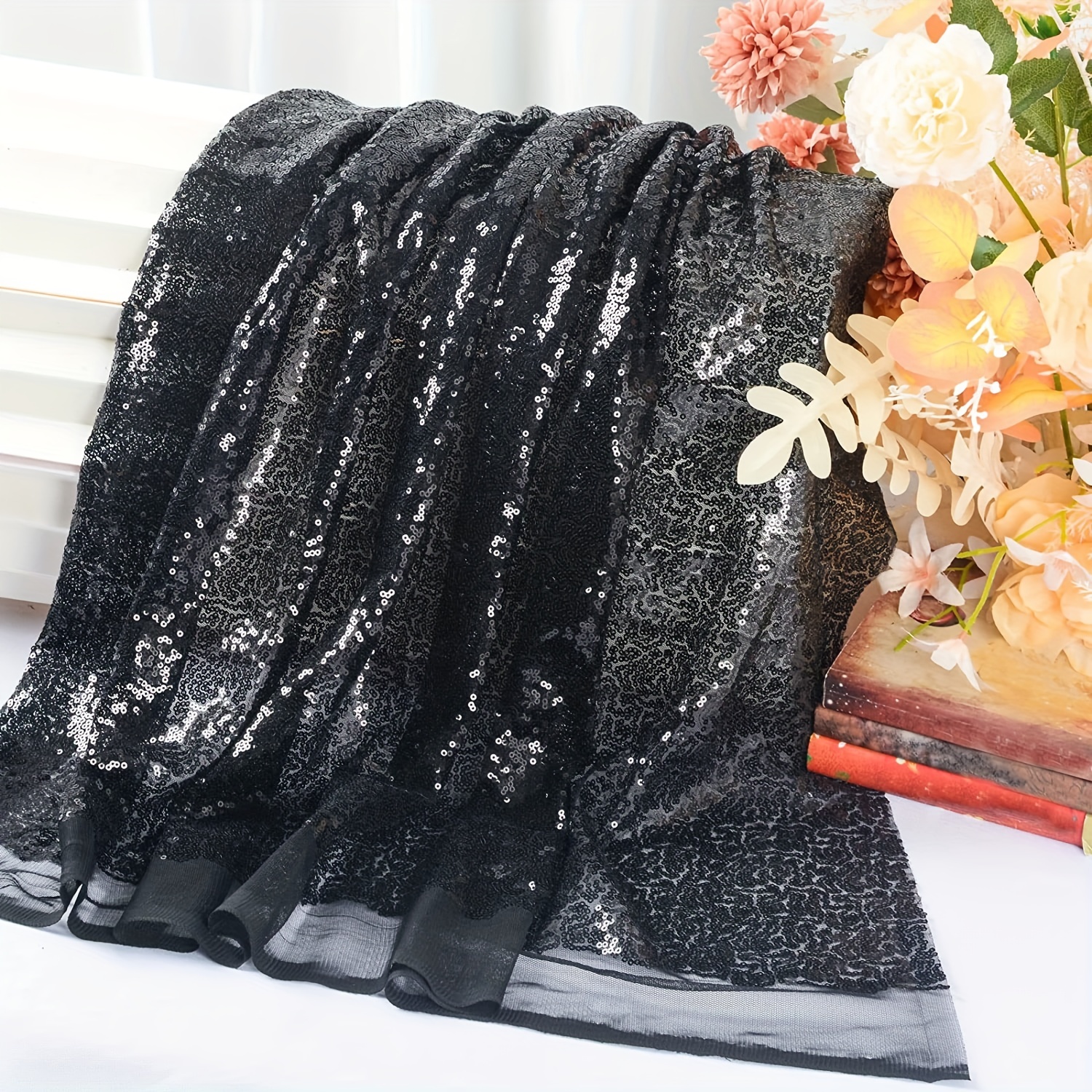 Black Taffeta Raindrop Sequin Wedding Fabric by the Yard