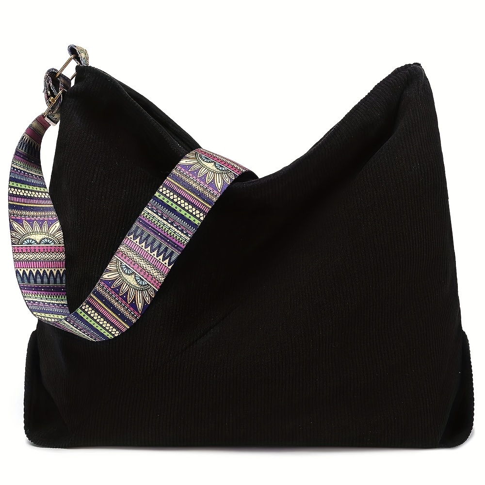 Chic Corduroy Tote Bag For Women - Large Capacity, Fashionable Designer Shoulder & Crossbody Handbag With Ethnic Print Strap, Perfect For Shopping And Everyday Use