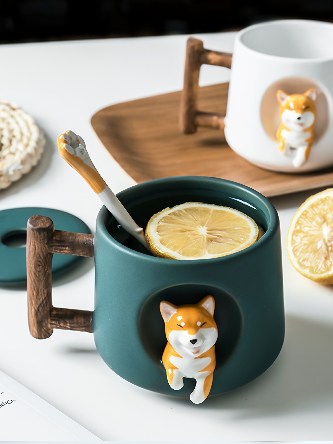 Cute Dog Ceramic Mug Wood Handle Design with Spoon and Lid Black