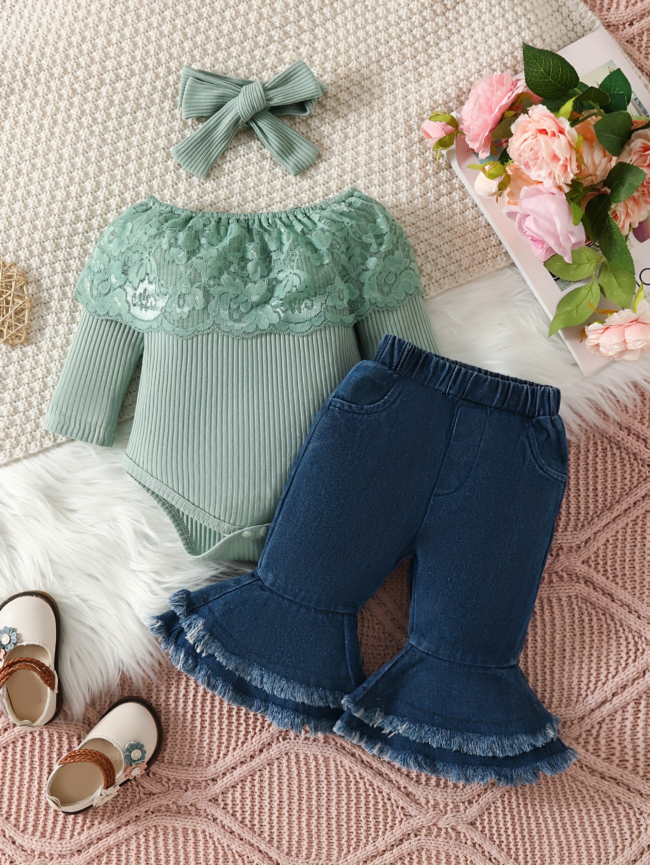 spring and autumn girls outfit featuring a ribbed lace onesie and fringed flared jeans a two piece set for infants and toddlers for outdoor Product details 18