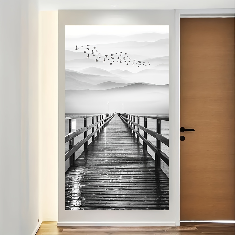 Tableau d'art mural en toile noir et blanc moderne, peinture de paysage de  bord de mer, pont en bois, affiche de paysage pour la décoration de la
