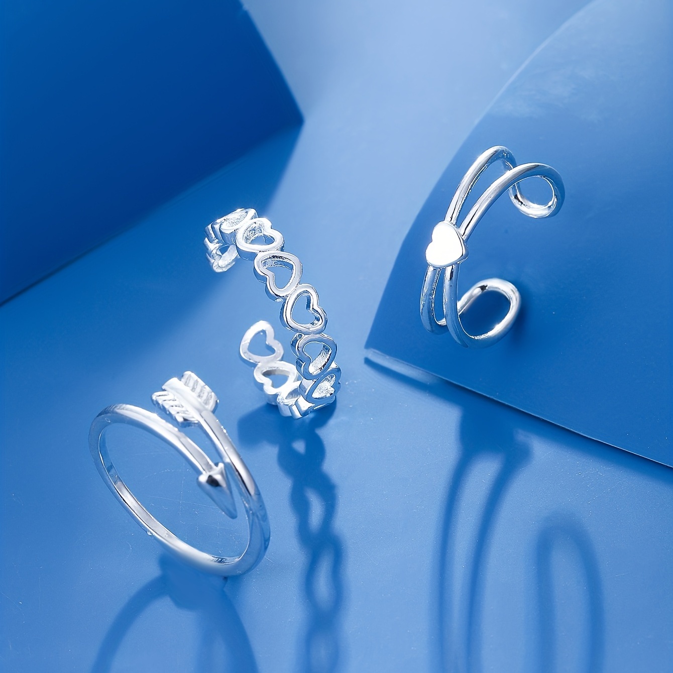 Love Heart Open Toe Ring Set Simple Style Adjustable Silver - Temu