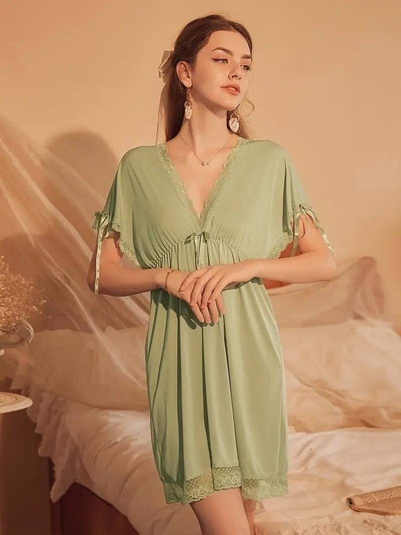 contrast lace button front split hem sleep dress Contrast Lace Button Front Split Hem Sleep Dress