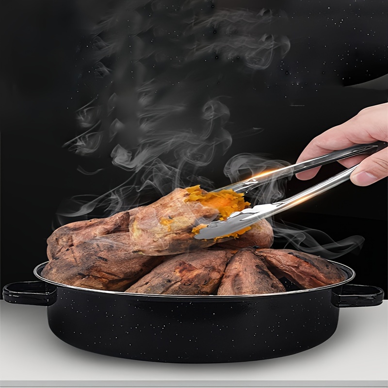 Roasting Pan, Household Non Stick BBQ Pot Roast Pan with Lid for Roasted  Sweet Potatoes Chestnuts, Speckled Black Enamel on Steel(26cm)