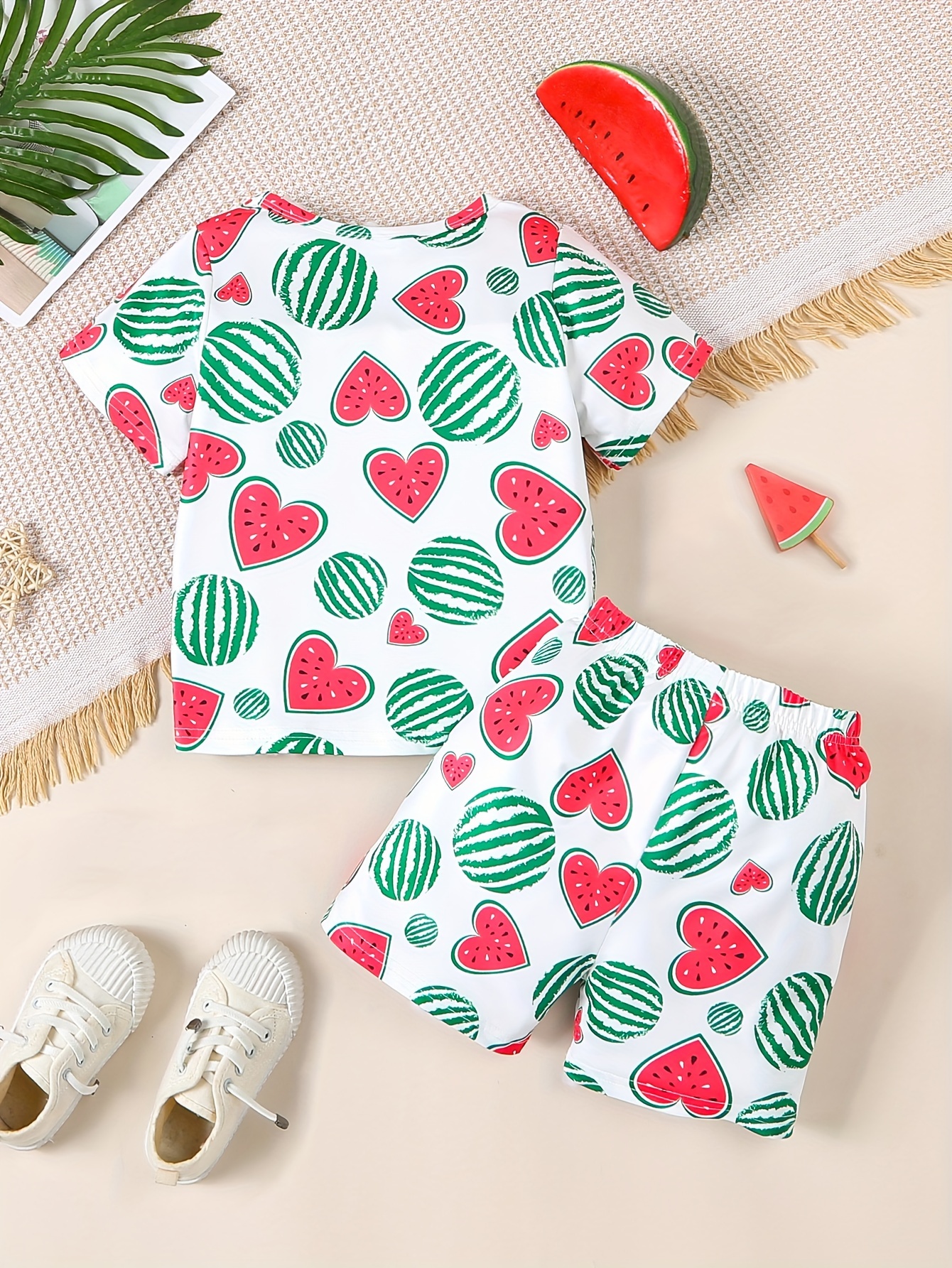 Toddler Kid Girls 2-piece Pajama Set Full Cartoon Watermelon Print Crew  Neck Short Sleeve T-shirt + Matching Shorts Comfy Loungewear