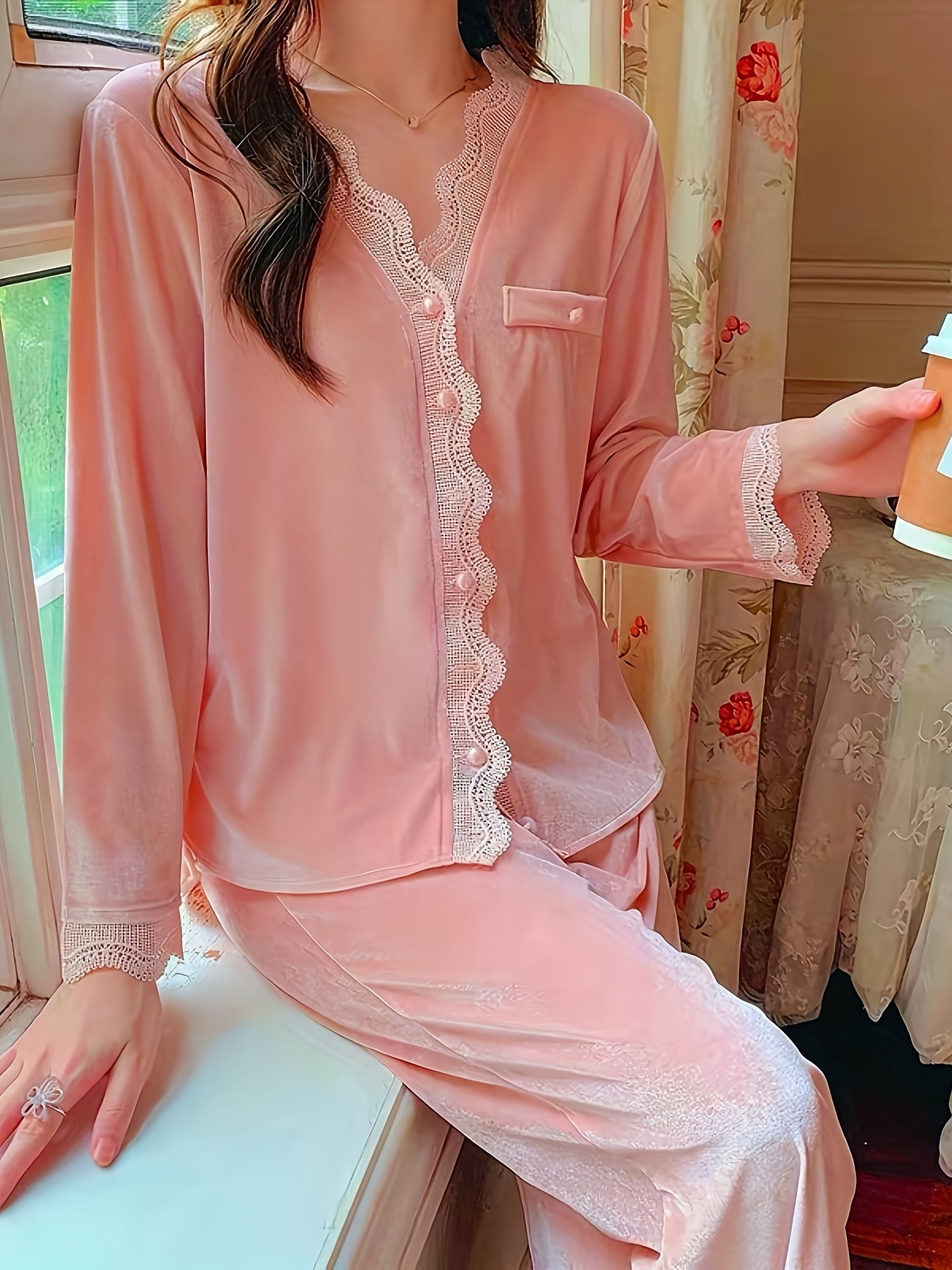 Lace Trim Velvet Pajama Set Long Sleeve Buttons Top Elastic - Temu