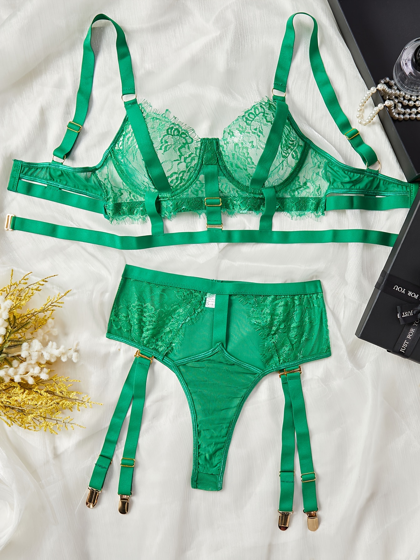 Satin Lingerie, Green Garter Belt Lingerie Set, Sexy Underwear