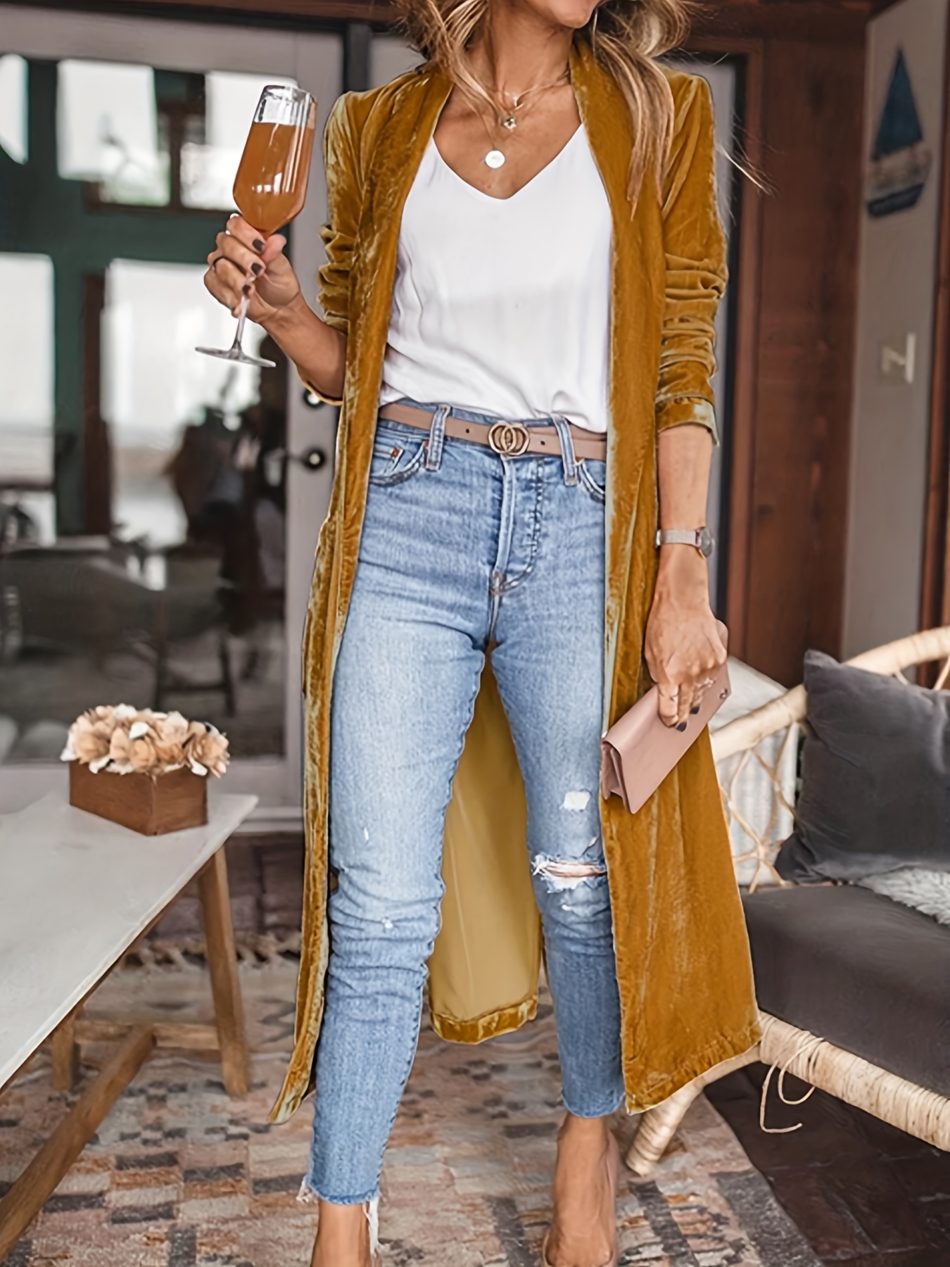 New Women's Fashion Long Cardigan Lapel Velvet Duster Cardigan