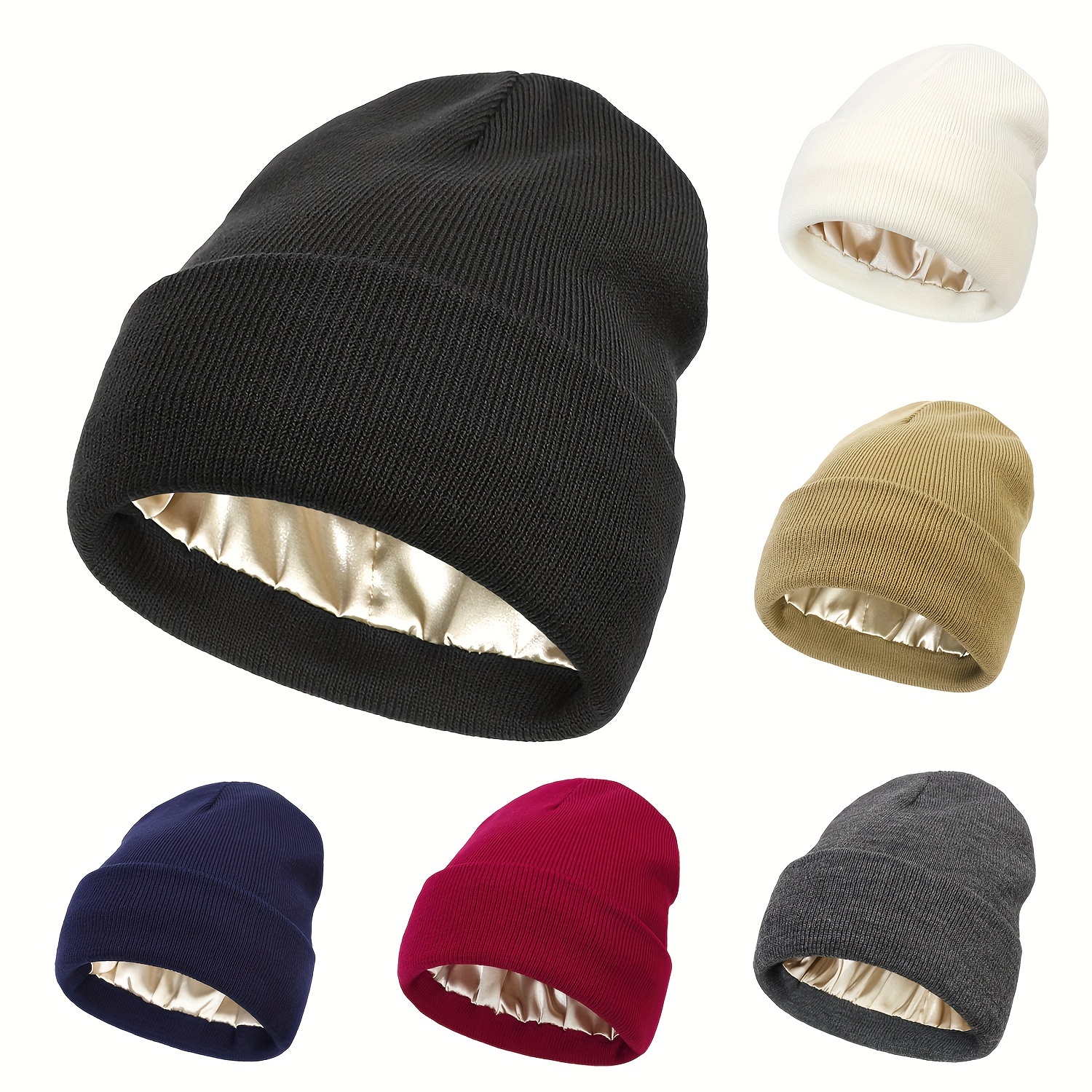 Chapeaux de bonnets en tricot d'hiver pour femmes. Silk Satin Lined Chunky  Cap Doux Stretch Cable Tricot Guerre