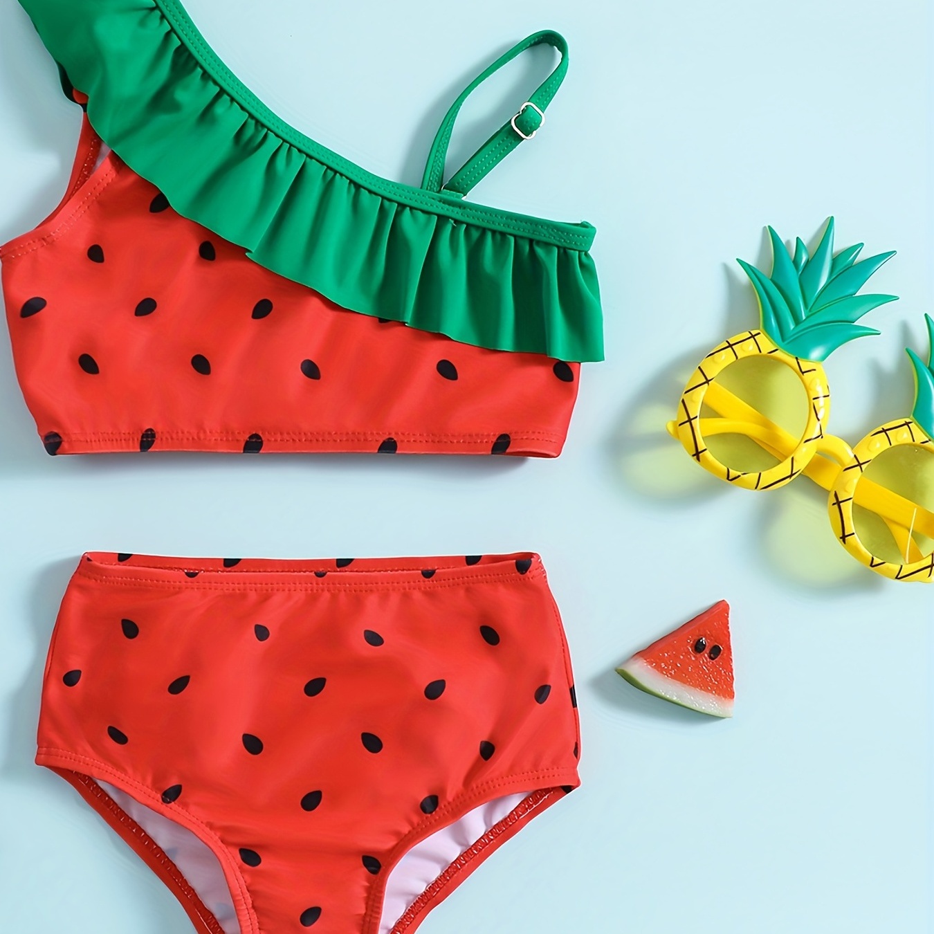 

2pcs Toddler's Lovely Watermelon Themed Bikini Set, Stretchy Ruffle Decor One-shoulder Bathing Suit, Baby Girl's Swimsuit For Summer Beach Holiday
