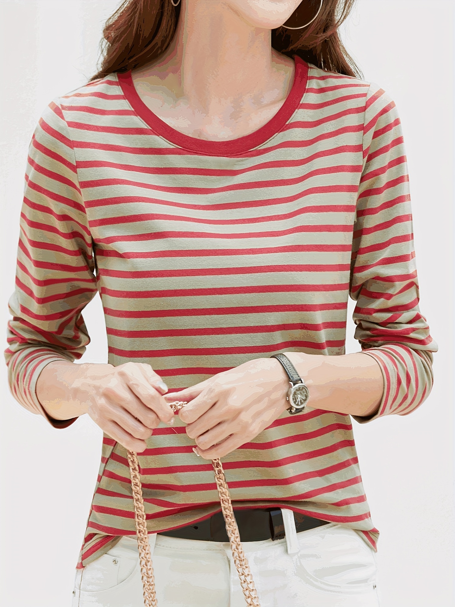 Striped Print Crew Neck T shirt Casual Long Sleeve T shirt - Temu