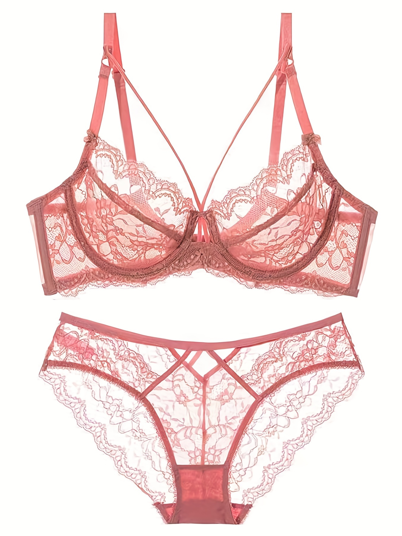 Fashionable Transparent Lace Women's Bra And Thong Set, Push Up