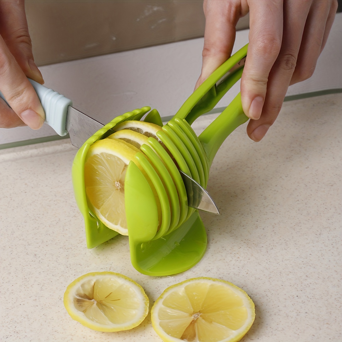 1pc Kitchen Fruit Slicer Vegetable Tomato Clip Holder Lemons Potato Cutter  Tool Pickle Container For Dining Table