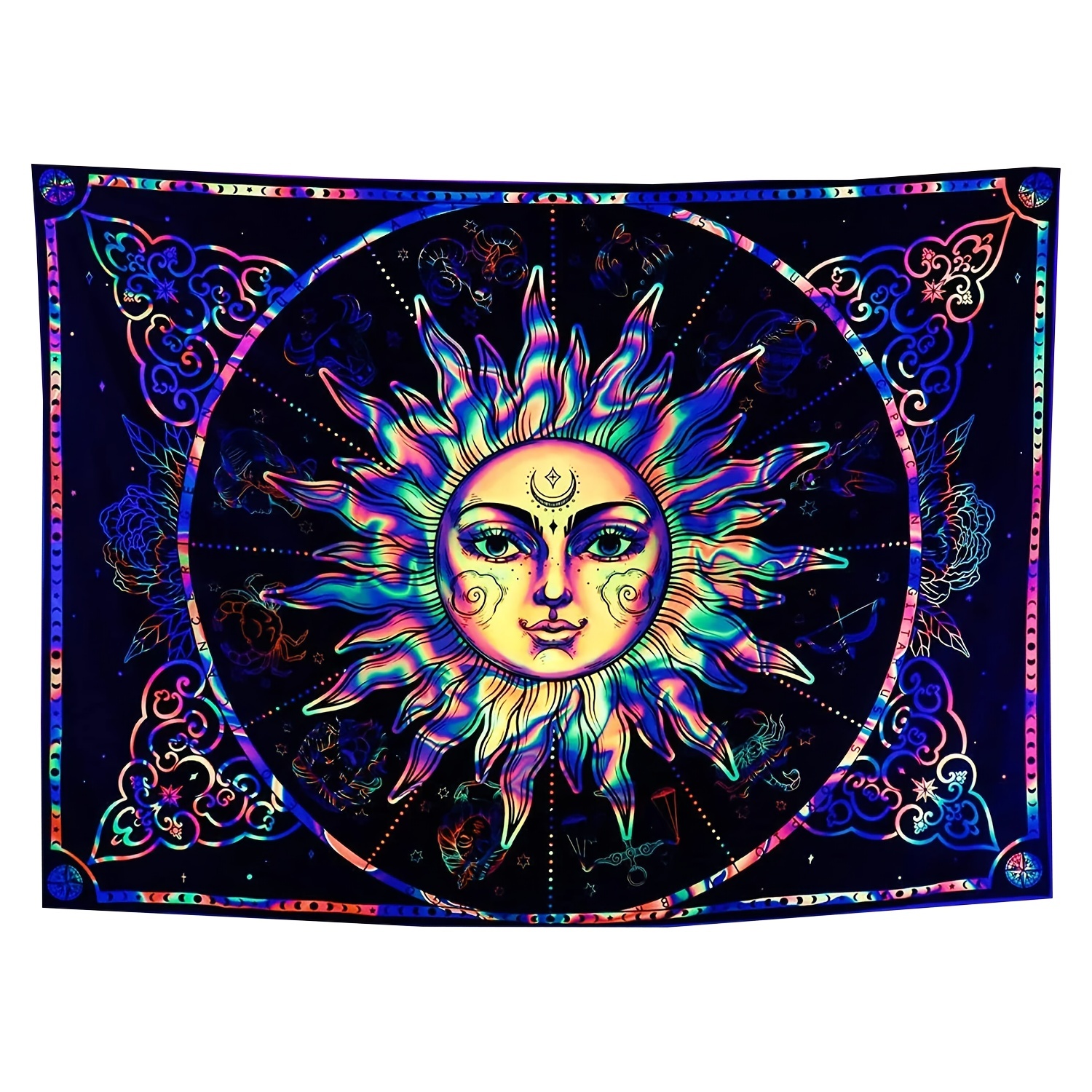 Blacklight Burning Sun Tapestry Uv Reactive Neon Wall Temu