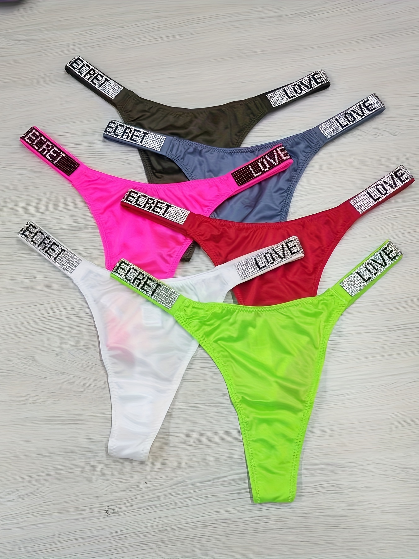 6 Pcs Sexy Thongs, Cheeky Rhinestone LOVE Valentine's Day Low Waist  Intimates Panties, Women's Lingerie & Underwear