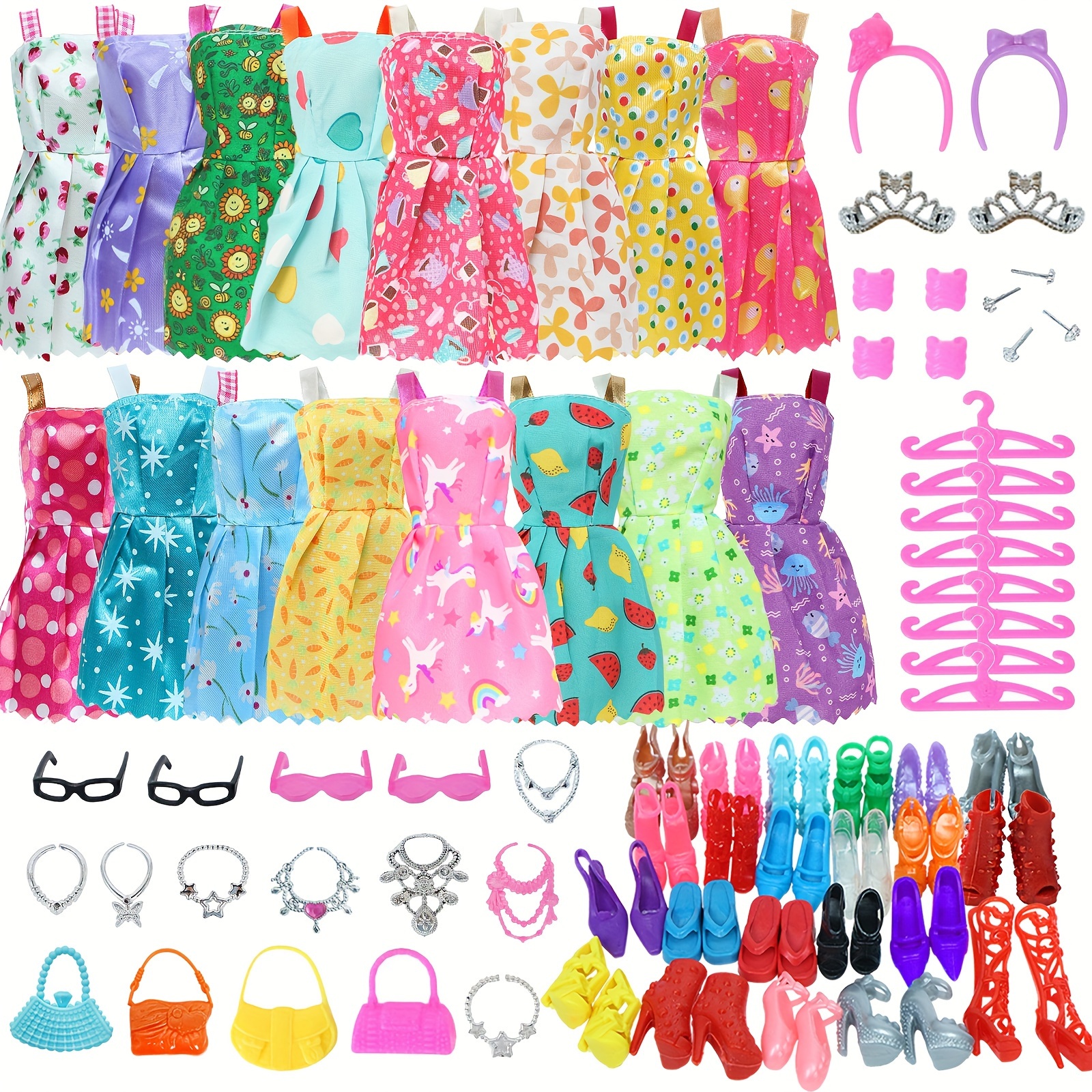 

42pcs/set Doll Clothes And Accessories, 8pcs Multicolored Dress, 10 Pairs Shoes, 24pcs Accessories Including Crown Necklace Glasses Bag, Random Color, For 30cm Doll, Christmas Gift, Doll Not Included