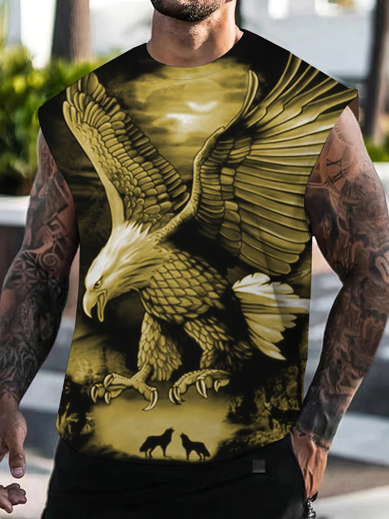 eagle pattern comfy breathable tank top mens casual stretch sleeveless t shirt for summer gym workout training basketball golden 0