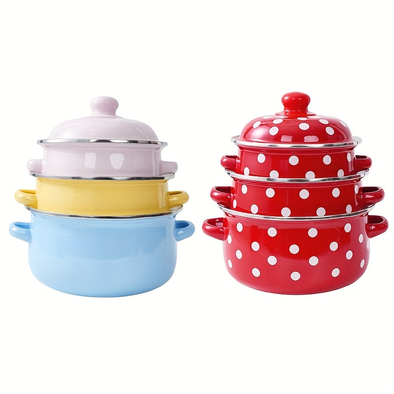 3pcs Enamel Pot With Lid For Cooking, 16cm/6.3in, 18cm/7.09in, 20cm/7.87in,  Three Colors Enamel Stock Pot, Vintage Cookware With Dural Handle, Ideal F
