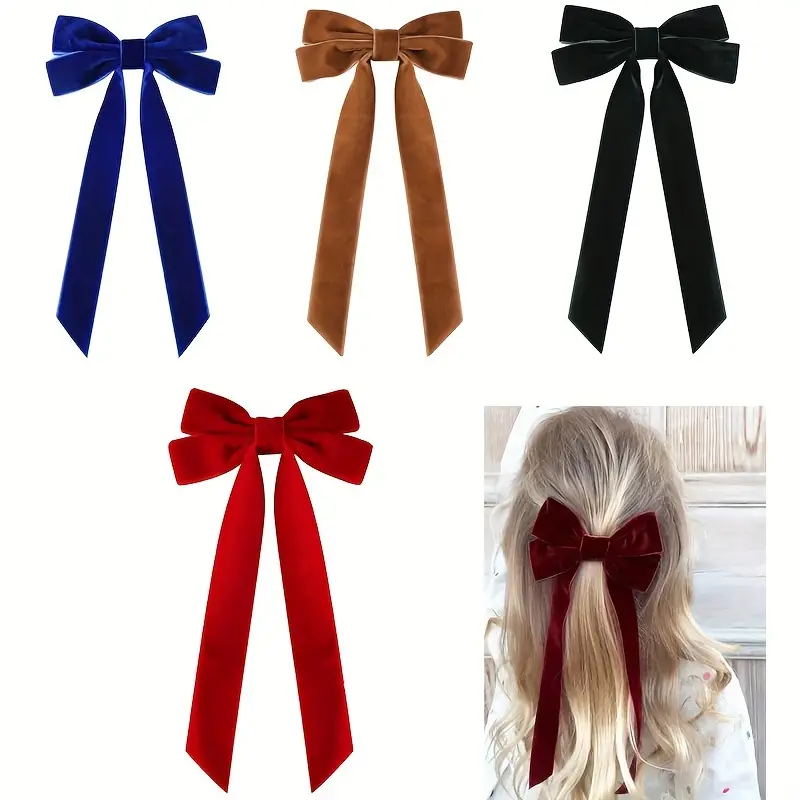 Temu 4 Pcs Velvet Hair Ribbon Bows Clip for Women Vintage Bow Hair Clips, Bobby Pins, Hairpins, Ribbons Bow Hairpin Clips Ponytail, Christmas Gifts