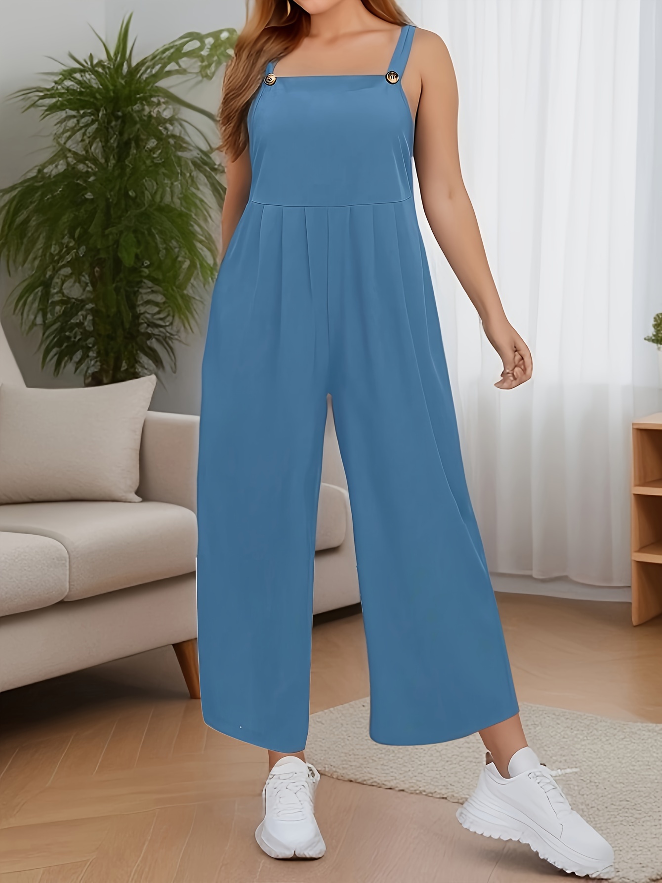 Monos Casuales De Talla Grande, Mono Camisola De Pierna Ancha Con  Decoración De Botones Sólidos Para Mujer