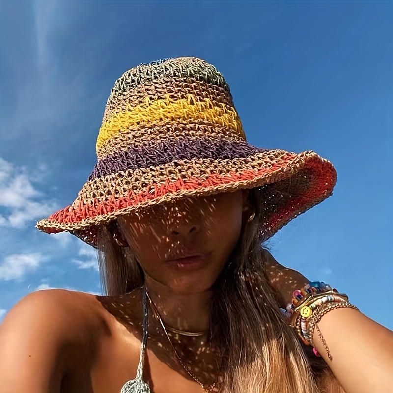 

Trendy Rainbow Sun Protection Crochet Bucket Hat For Summer Vacation