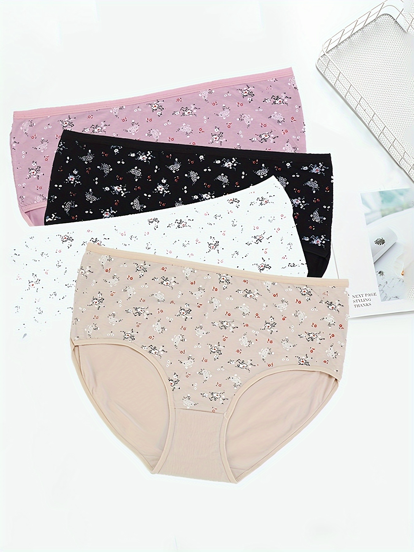4 Pack Plus Size Elegant Panties Set, Women's Plus Soft Ditsy Floral Print  Breathable Everyday Panties 4pcs Set