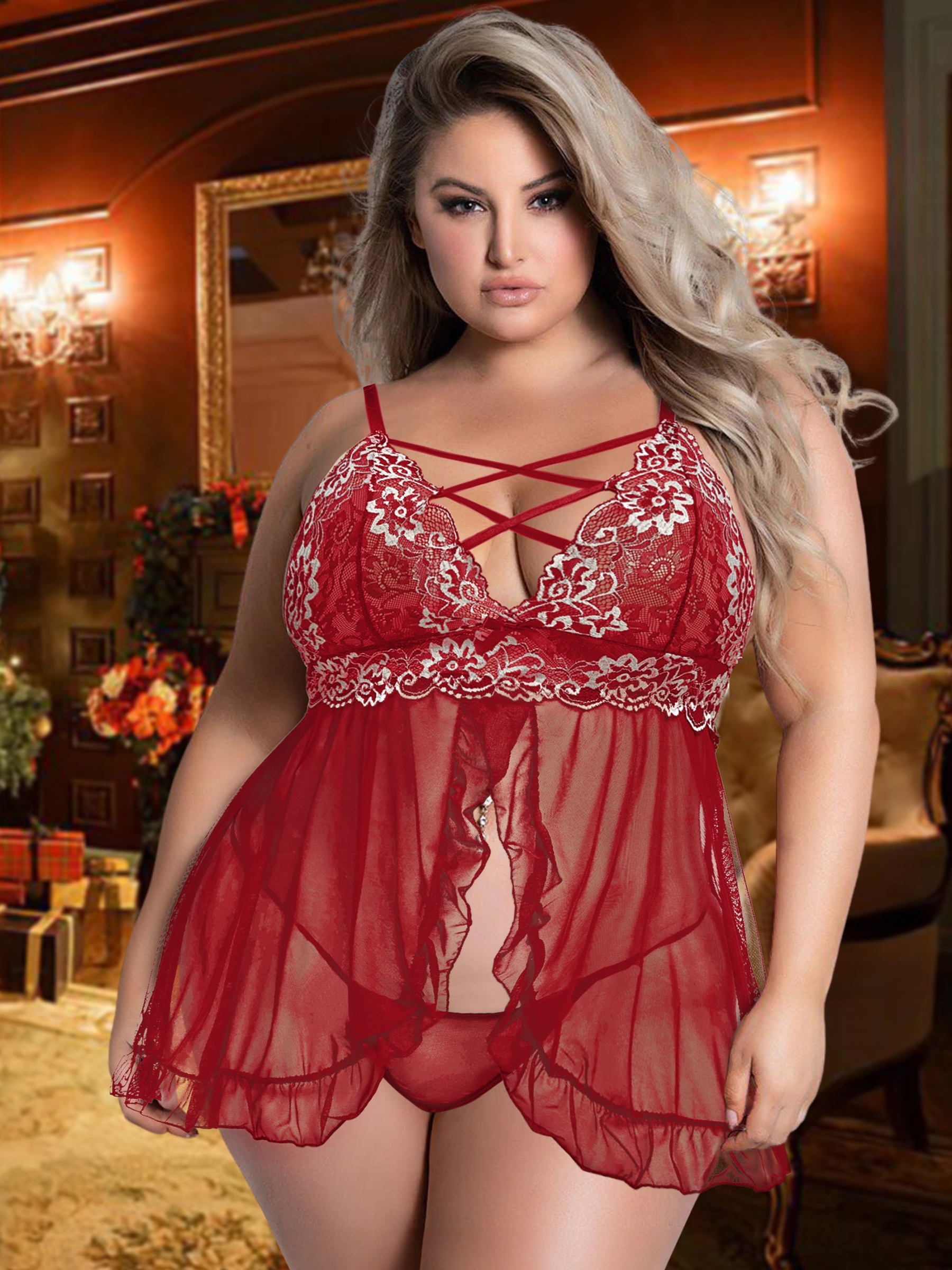 Plus Size Sexy Lingerie Dress Set, Women's Plus Floral Embroidered See  Through Mesh Babydoll Dress & Thong Lingerie Two Piece Set