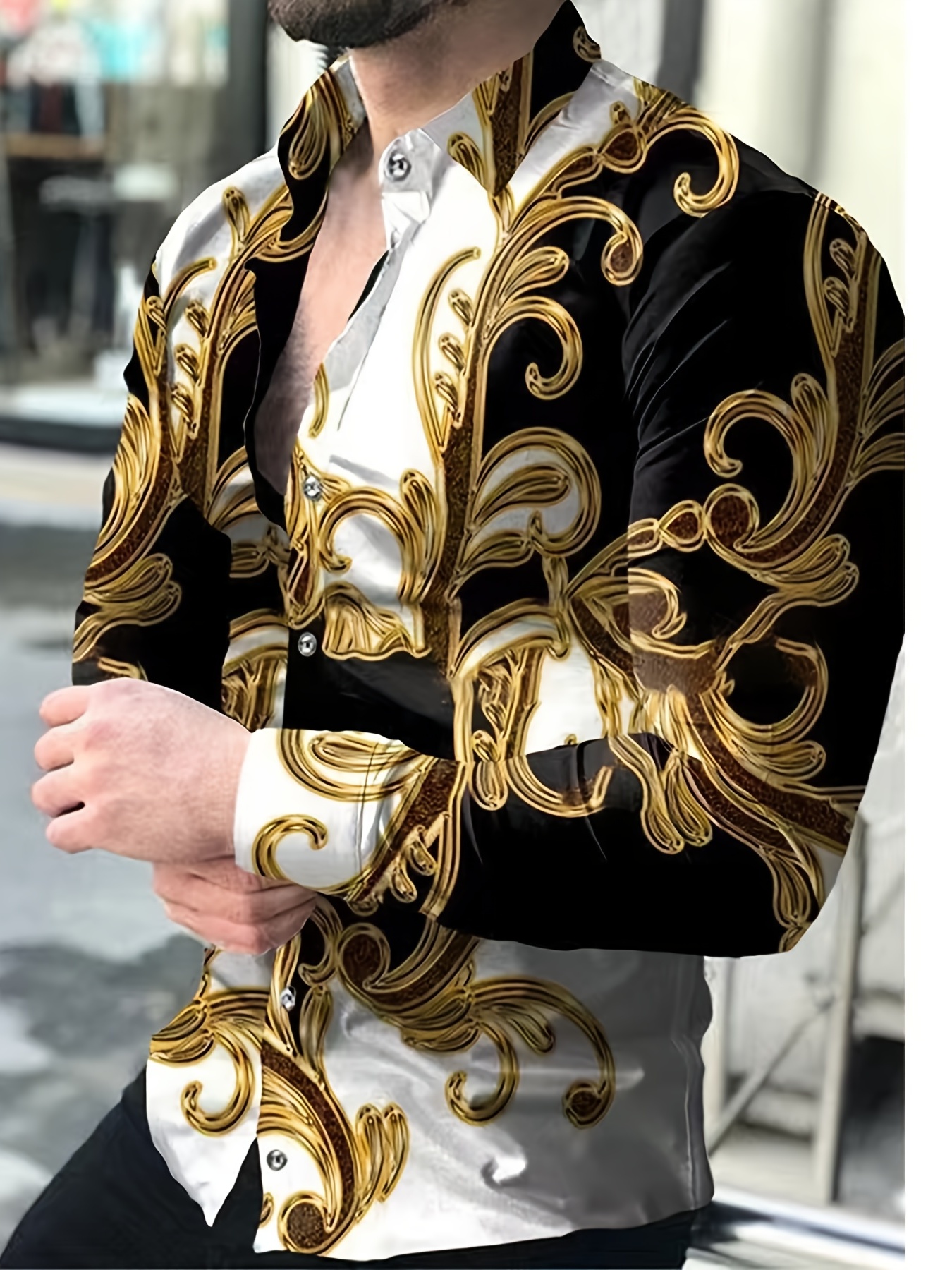 Camisa De Lujo Con Estampado De Oro Para Hombres Elegante De Manga Larga  Retros