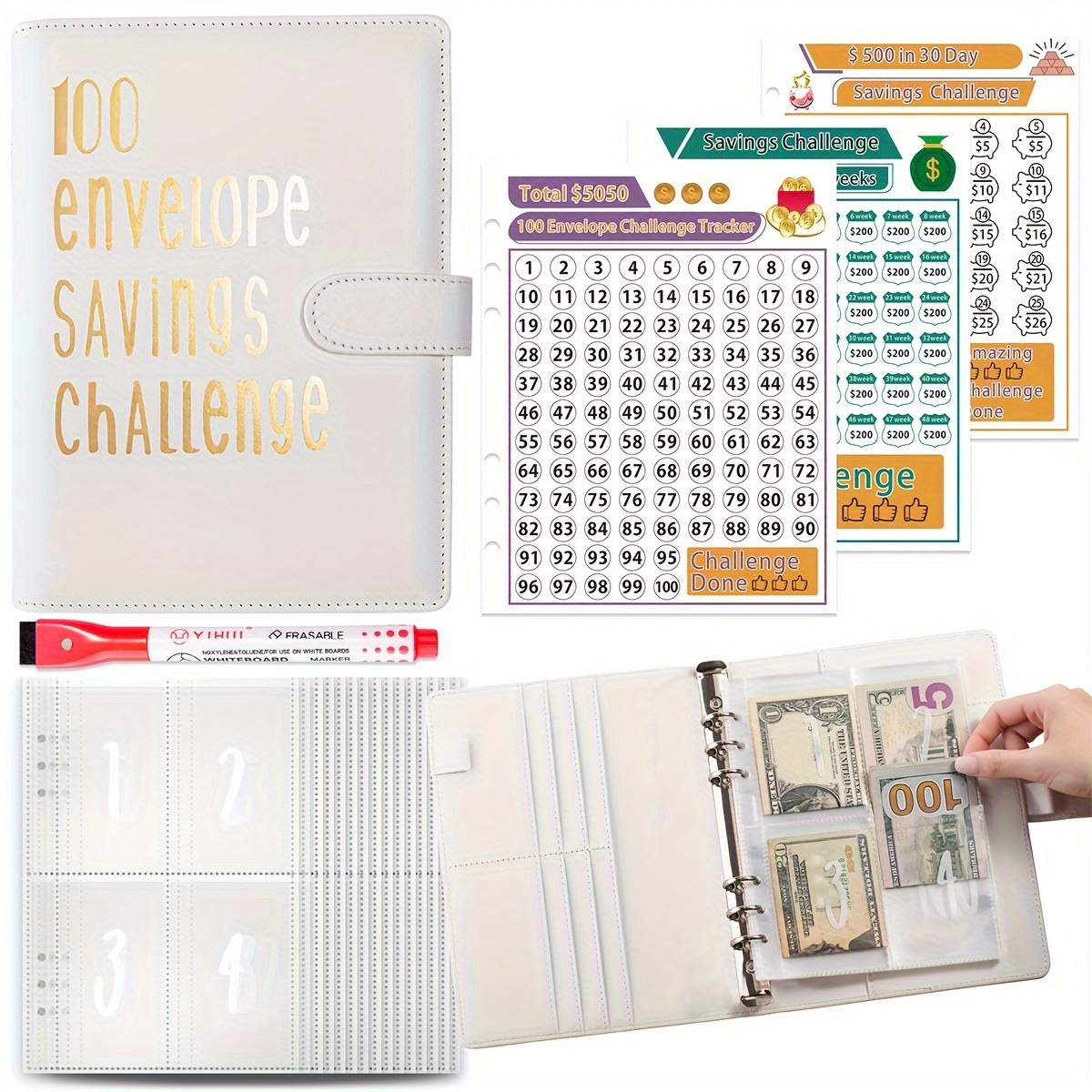 Classeur de défi 100 enveloppes, cartable de nouveaux défis d'épargne 2023,  livre d'épargne avec enveloppes de caisse, moyen facile et amusant d'économiser  5 050 $